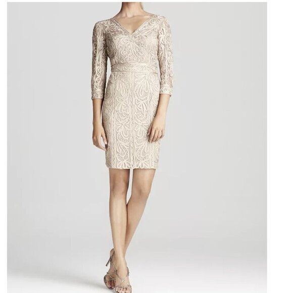 Sue Wong New Lace V Neck Three Quarter Sleeve Lined Beige Cocktail Sheath Dress - Picture 1 of 15
